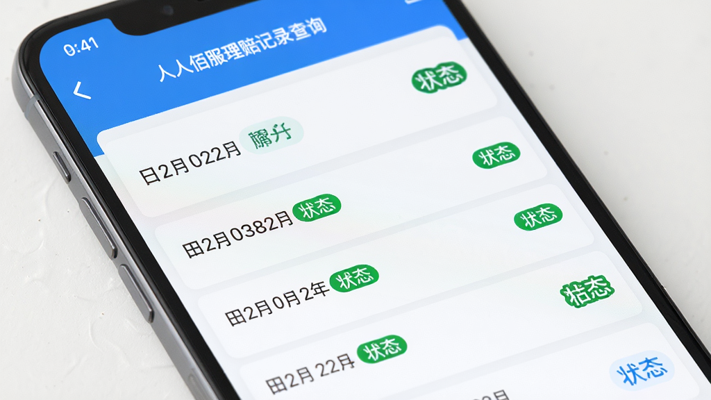 手机屏幕特写,展示人人佰服理赔记录查询结果页面,列表形式呈现多条理赔记录,每条包含日期、状态标签,界面配色以白色和蓝色为主,风格清爽,画质清晰,干净无杂乱