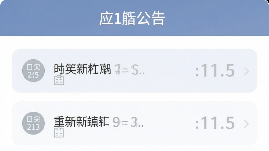 手机应用公告页面截图风格,页面顶部有公告标题栏,下方为公告列表,每条公告带有日期图标,整体排版规整,配色柔和,风格简洁商务,画质清晰,无多余装饰元素