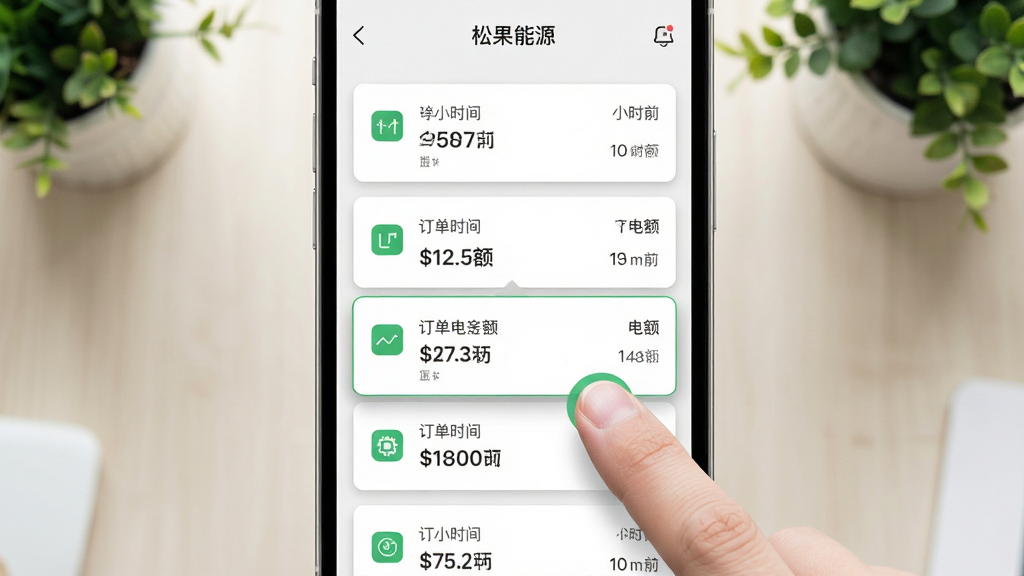 画面主体为手机屏幕展示订单列表页面,多条订单卡片纵向排列,每张卡片包含时间、金额、电量等文字信息,其中一条订单被手指点击展开详情;布局为手机居中,背景为浅色桌面与绿植虚影;排版上订单卡片整齐排列,详情弹窗位于屏幕中央;风格为简约商务风,配色以白灰为主点缀绿色;细节包括卡片阴影、文字层级、图标样式;画质清晰,画面干净,无多余元素,展示“松果能源”订单管理界面的规整与易用
