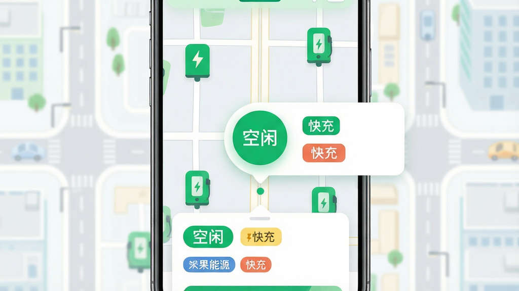 画面主体为一部智能手机屏幕显示地图界面,地图上分布着多个绿色充电桩图标,其中一个图标被放大高亮并弹出信息卡片,卡片内写有“空闲”“快充”等文字;布局为手机居中、周围环绕淡化的城市街道元素;排版上信息卡片位于屏幕下方三分之一处;风格为扁平化UI设计,色彩清新明亮;细节包括图标圆角处理、地图道路线条、状态标签的色块区分;画质干净清晰,无多余元素,整体呈现“松果能源”智能找桩功能的直观体验