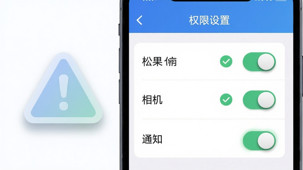 画面主体为一部手机屏幕显示“权限设置”界面,列表中定位、相机、通知三项权限开关处于开启状态,旁边配有一个绿色对勾图标;布局为手机居中偏右,左侧放置一个半透明的警示三角图标;排版上权限列表占据屏幕主要区域;风格为扁平化信息图风格,配色以蓝白绿为主;细节包括开关按钮的立体感、文字标签的清晰度、警示图标的柔和阴影;画质干净,画面简洁,无多余元素,用于说明“松果能源”安装后的权限配置要点