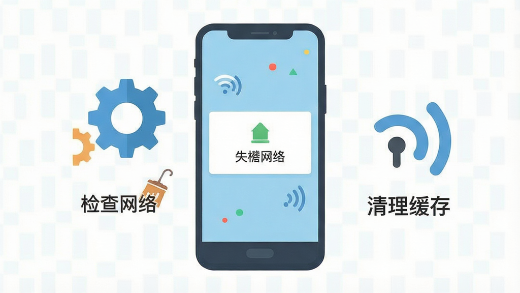 一张手机应用故障排查示意图,画面主体为手机屏幕显示加载失败提示,旁边放置齿轮与网络信号图标,布局简洁居中,风格扁平化,细节包含“检查网络”“清理缓存”文字提示,画质清晰干净,无多余元素