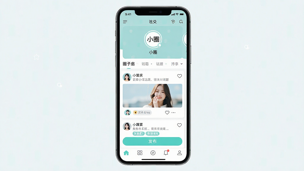 一张手机应用界面展示图,画面主体是一部竖屏智能手机,屏幕中显示名为“小圈”的社交应用首页,布局上方为圈子封面与名称,中部为动态信息流卡片,底部为发布按钮与导航栏,整体采用清新浅色风格,细节包含头像、点赞图标与话题标签,画质清晰干净,无多余元素