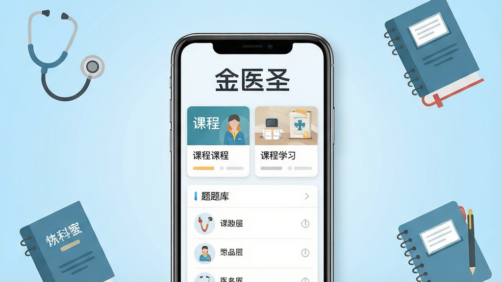 �����������һ�������ֻ����ֻ���Ļ��ʾҽѧѧϰ��Ӧ�ý��棬�����Ϸ��С���ҽʥ�������֣���Ļ�ڰ����γ̿�Ƭ������б����֣�����Ϊǳ��ɫ���䣬��Χ��׺��������ҽѧ�鼮���ʼǱ��ȱ�ƽ��ͼ�꣬��������ˬ��࣬ϸ�����������ʸɾ����޶���Ԫ��