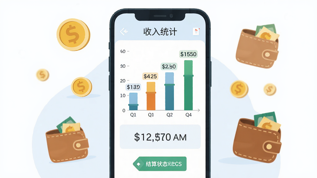 画面主体是手机屏幕显示收入统计页面,有柱状图和金额数字;布局为手机居中,周围有金币和钱包图标点缀;排版突出数据统计区域;风格为清爽的商务扁平插画;细节包括柱状图、数字标签、钱包图标、结算状态标签;画质高清,画面干净整洁