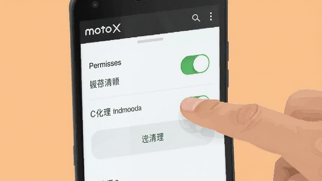 手机屏幕显示“motoX”设置页面,页面上有权限开关和缓存清理按钮,旁边有一只手正在点击屏幕,背景为浅橙色,扁平化风格,画面简洁,画质清晰