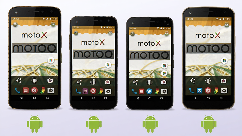 多部不同尺寸的安卓手机并排展示,每部手机屏幕上都显示“motoX”界面且布局完整,手机下方有安卓机器人简化图标,背景为浅紫色渐变,扁平化风格,画面整洁,画质清晰