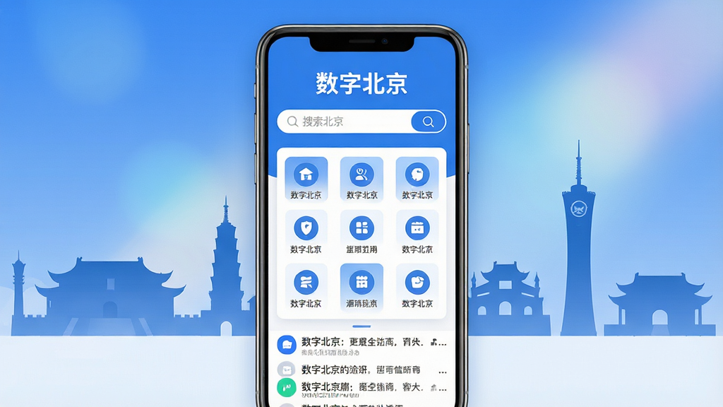 主体为一部竖向摆放的智能手机,屏幕中展示蓝白配色的城市服务应用界面,界面顶部写有