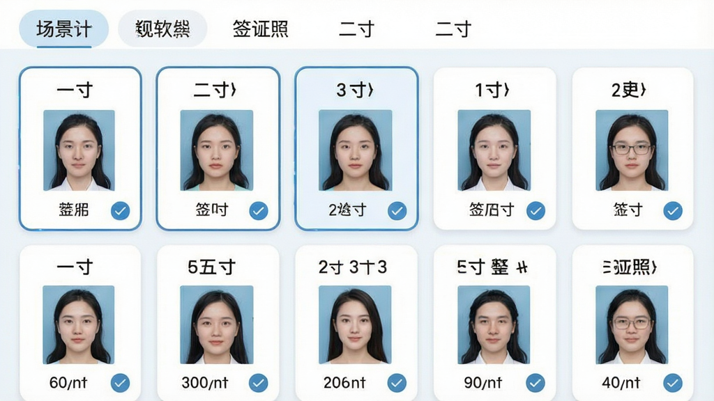 一张免费证件照制作软件的规格模板选择界面图,画面以网格形式排列多个证件照尺寸卡片,每张卡片上标注一寸、二寸、签证照等规格文字并配有对应比例的缩略图,顶部有场景分类标签栏,布局整齐有序,风格为清新的浅色系移动端界面,细节包含选中状态的高亮边框和勾选图标,画质清晰干净,无多余元素