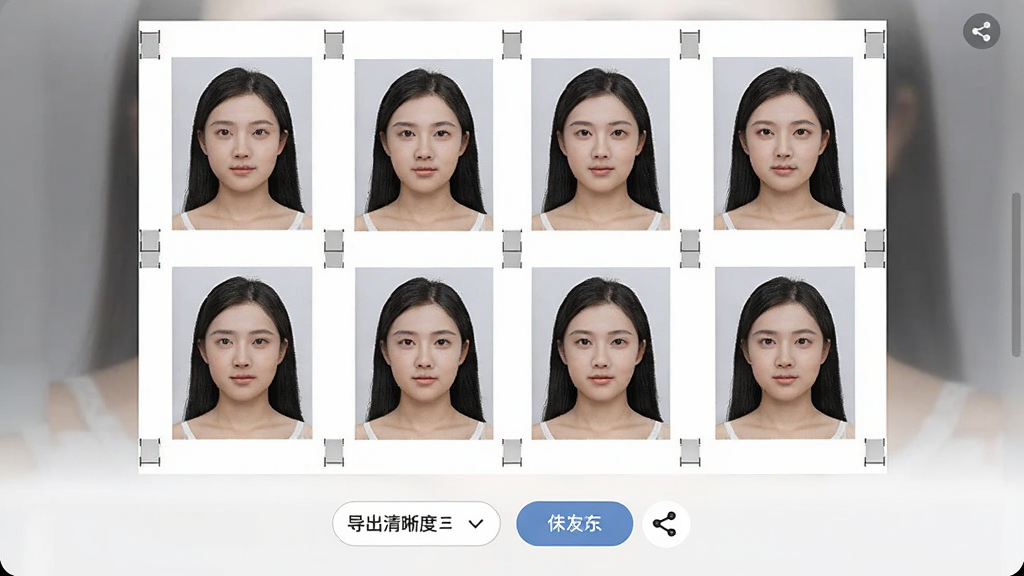 一张免费证件照制作软件的排版打印导出界面图,画面显示一张相纸上排列着八张相同的一寸证件照,下方有导出清晰度选择和保存按钮,旁边有分享图标,布局为竖向移动端界面,风格简洁实用,细节包含相纸白色背景、照片之间的裁切线、按钮的圆角设计,画质清晰干净,无多余元素