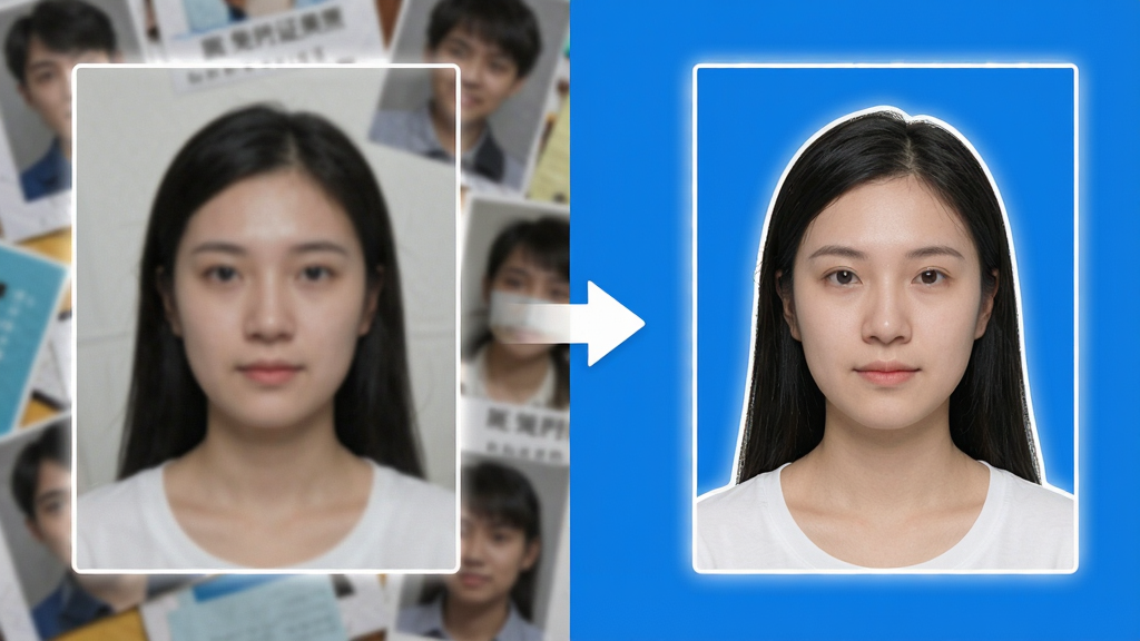 一张展示免费证件照制作软件智能抠图功能的示意图,画面左侧是一张背景杂乱的普通人物照片,右侧是同一人物被精准抠出后放置在纯蓝色背景上的证件照效果,中间用箭头连接表示处理过程,布局左右对比清晰,风格为简洁的产品功能演示图,细节包含人物轮廓边缘的高亮描边效果,画质清晰干净,无多余元素