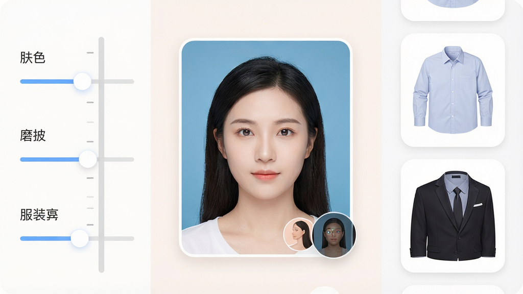 一张展示免费证件照制作软件美颜与服装替换功能的界面图,画面中央是一张人物证件照预览,左侧滑杆区域显示肤色、磨皮、亮度调节选项,右侧展示衬衫和西装领两种服装素材缩略图,布局左右分栏清晰,风格为柔和的移动应用操作界面,细节包含滑杆刻度、素材卡片圆角、预览实时更新效果,画质清晰干净,无多余元素