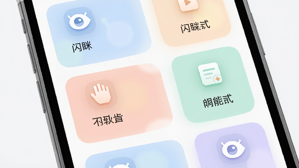一张展示“闪眯”软件卡片式功能界面的示意图,画面为手机屏幕特写,屏幕上排列多个圆角功能卡片,卡片内包含图标与文字说明,配色柔和,风格清新简约,布局整齐,画质高清,干净无多余元素
