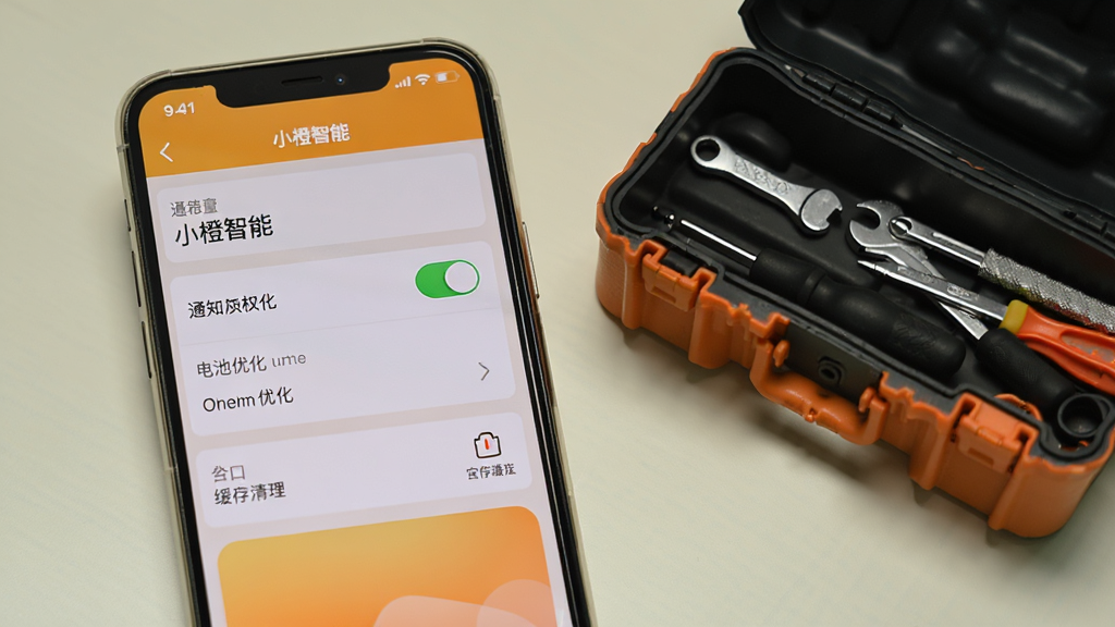 一部手机屏幕显示“小橙智能”设置页面,页面中通知权限开关处于开启状态,旁边有电池优化选项与缓存清理入口,手机旁放置一个打开的工具箱,背景为浅色桌面,构图简洁,风格为写实界面展示图,细节包括开关高亮与页面层次,画质清晰,画面干净