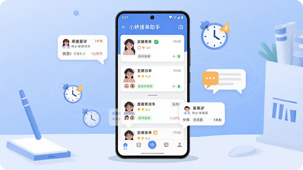 画面中心是一部竖屏安卓手机,手机屏幕上显示小娇接单助手的订单列表界面,包含订单卡片、状态标签和底部导航栏,手机周围环绕着悬浮的订单气泡、时钟图标和消息提醒符号,背景为浅蓝渐变色的简洁工作台场景,整体采用扁平化插画风格,细节清晰,画质干净,无多余元素