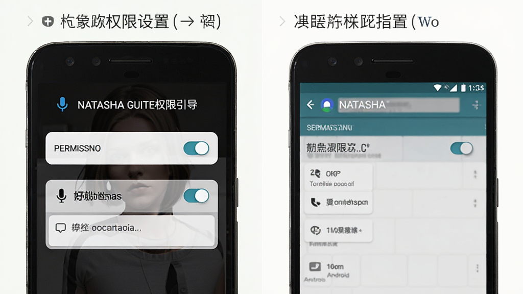 手机屏幕显示娜塔莎吉他权限设置引导页面,旁边有安卓系统设置界面示意;布局为两部手机并排;排版对比清晰;风格为操作指引图;细节包括权限开关、麦克风图标、提示文字框;画质清晰,干净,无多余元素