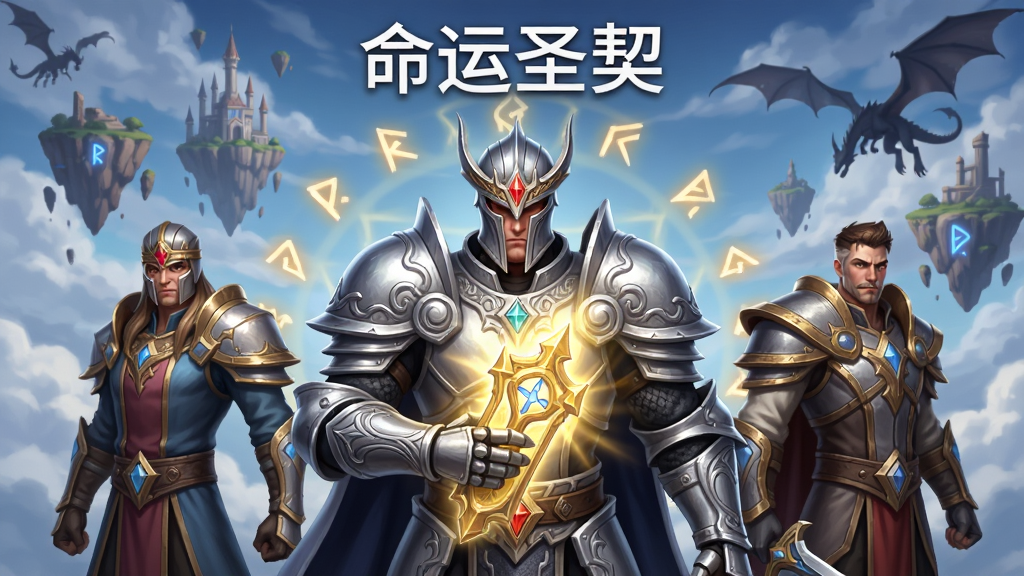 画面主体为一款名为命运圣契的3D卡牌手游主视觉,布局采用中央对称构图,中间放置一位身披银色铠甲手持发光圣契的战士角色,左右两侧分别站立两位风格迥异的英雄伙伴,背景是漂浮着魔法符文的天空之城;排版上方留白用于放置软件名称,整体风格为奇幻史诗风,细节包括铠甲上的细腻纹路、圣契散发的金色光晕、背景云层中的悬浮岛屿与飞龙剪影;画质高清,干净,无多余元素