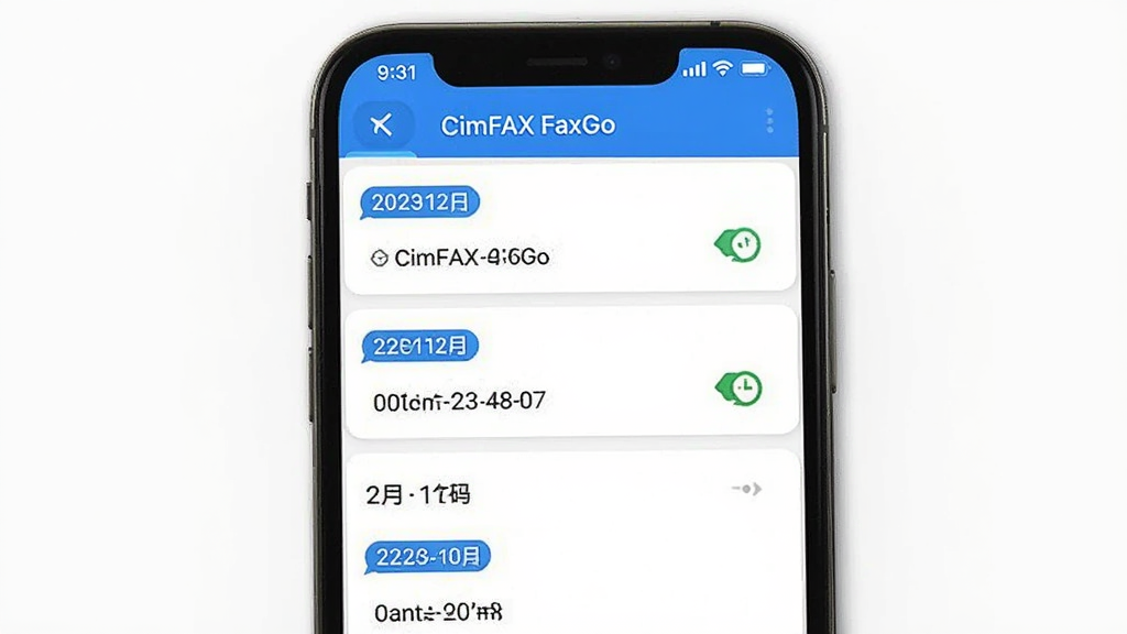 主体为手机界面中的传真记录列表,布局为纵向排列的记录卡片,排版整齐留白充分,风格为简约商务UI展示图,细节包含日期标签、号码字段、状态徽标与“CimFAX FaxGo”应用标题,画质清晰干净无多余元素