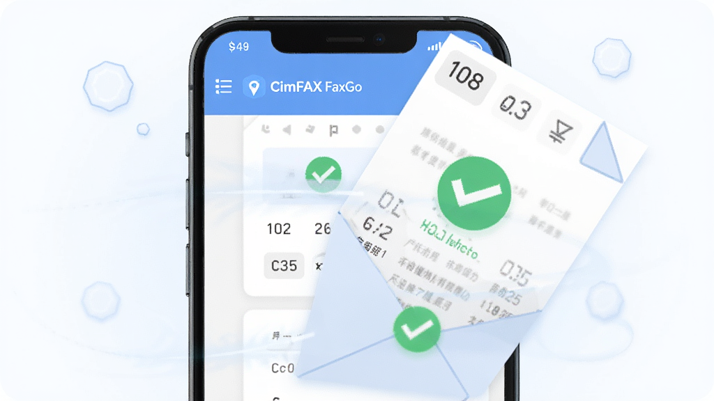 主体为手机屏幕内展示传真发送成功页面,布局为手机正面特写配传真文件飘入信封的动效示意,排版上手机居中、元素环绕,风格为清爽科技感插画,细节包含“CimFAX FaxGo”文字标识、传真页码角标、绿色成功对勾,画质高清干净无多余元素