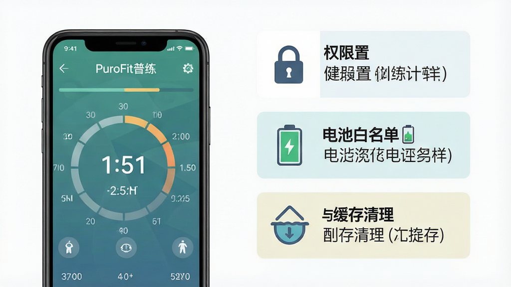 一张展示手机健身应用使用注意事项的示意图,画面主体为手机屏幕显示“PuroFit普练”训练计时界面,旁边以图标形式呈现权限设置、电池白名单与缓存清理三个提示模块,布局为左手机右图标三列,风格扁平信息图,细节包含图标线条与浅色底块,画质清晰干净,无多余元素