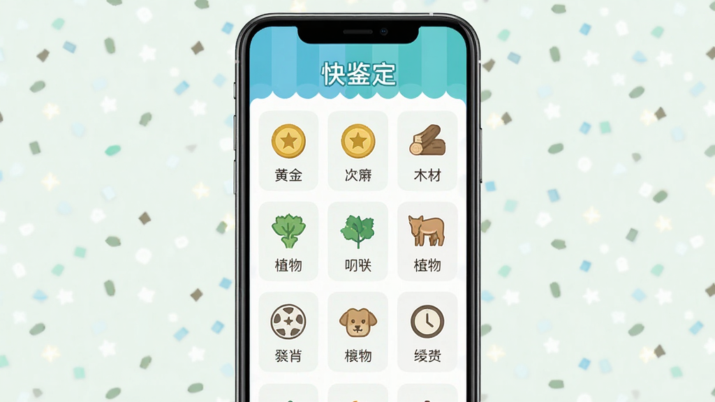 主体为手机屏幕展示“快鉴定”多品类识别界面,布局为九宫格分类图标排列,包含黄金、钱币、木材、植物、动物等分类入口,排版对称工整,风格为清新扁平化设计,细节为每个图标配有简短文字标签,画质清晰,画面干净,无多余元素