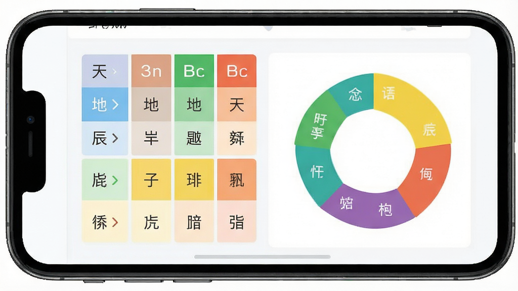 一张生辰八字软件排盘结果页面的示意图,画面主体为手机屏幕内显示四柱表格与五行统计圆环图,布局为上下结构,风格为清爽浅色系UI,细节包含天干地支文字与色彩标识,画质清晰干净无多余元素