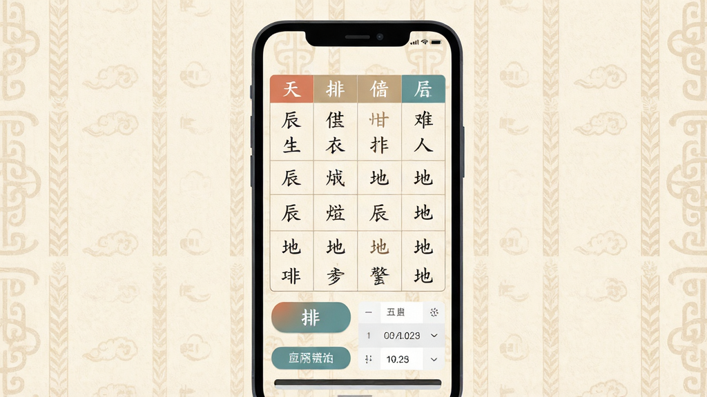 一张展示生辰八字软件主界面的手机应用截图风格插画,画面中央是一部竖屏手机,屏幕内显示四柱排盘表格与天干地支字符,背景为浅米色中式纹理,布局简洁居中,风格为现代扁平化UI展示,细节包含排盘按钮与日期选择器,画质清晰干净无多余元素