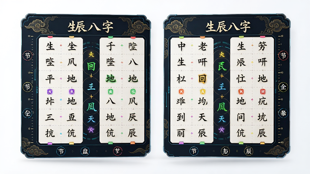 一张表现生辰八字智能排盘功能的AI生图,画面主体为悬浮的四柱排盘表格,表格内写有“生辰八字”字样与天干地支字符,布局为左右对称,风格为科技感与传统纹样结合,细节包含五行颜色标识与节气刻度,画质高清干净无多余元素