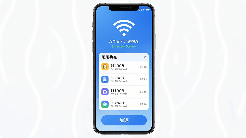 手机屏幕中央展示万能WiFi超速快连软件主界面,蓝色渐变背景,顶部显示WiFi信号图标和连接状态,中间为可用热点列表,底部为加速按钮,整体布局简洁对称,扁平化科技风格,细节清晰,画质干净,无多余元素