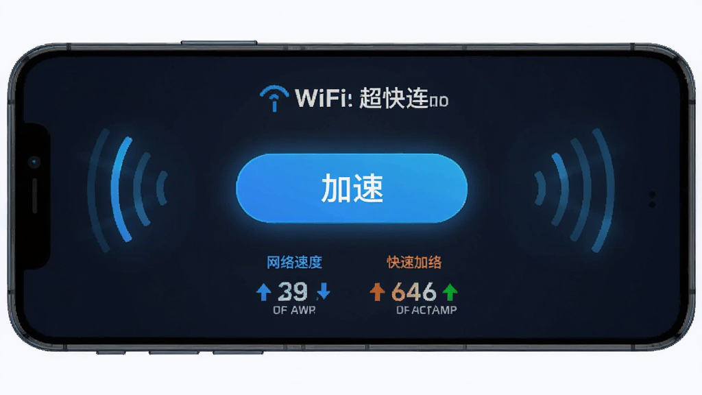 万能WiFi超速快连加速功能界面,手机屏幕中央显示加速按钮和网络速度提升对比数据,蓝色光效环绕,科技感十足,扁平化设计,布局对称,画质干净,无多余元素