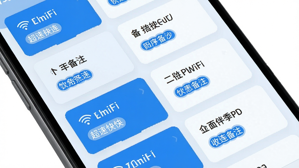 万能WiFi超速快连热点收藏列表界面,手机屏幕显示多个已保存WiFi名称及备注标签,列表排列整齐,浅色背景搭配蓝色强调色,扁平化卡片式设计,细节清晰,画质干净,无多余元素