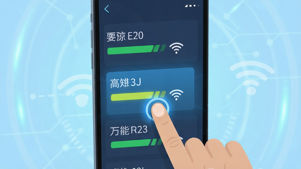 万能WiFi超速快连软件扫描界面,手机屏幕显示多个WiFi热点名称与信号强度条,一个高亮热点被手指点击,背景为浅蓝色科技光效,扁平化设计风格,布局清晰,画质干净,无多余元素