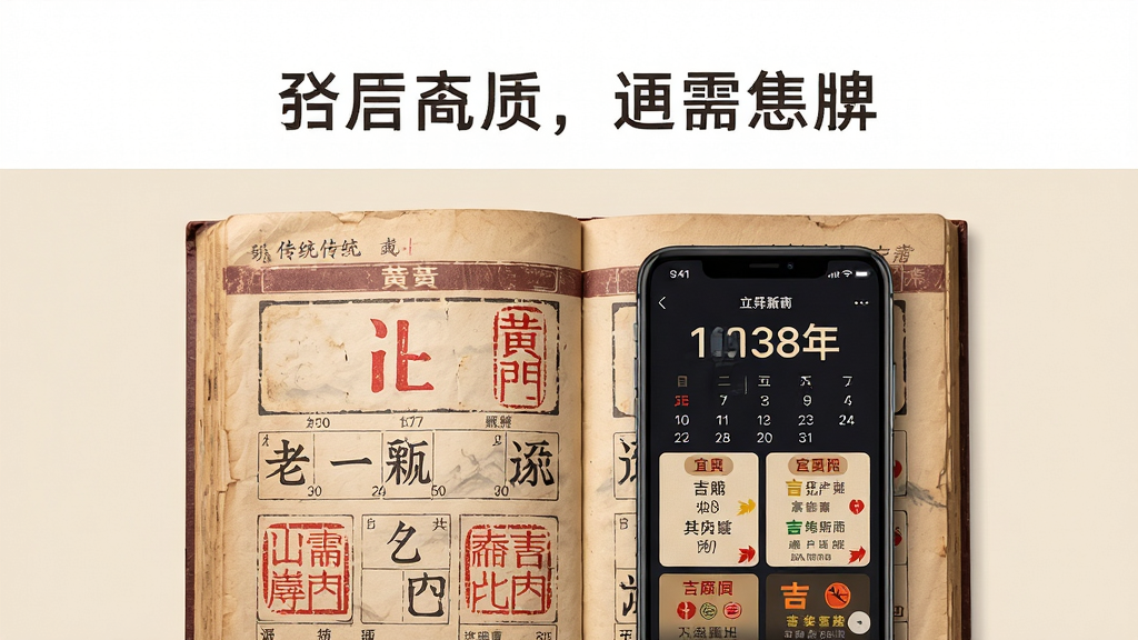画面主体为一本摊开的传统老黄历与一部智能手机并排摆放,手机屏幕显示日历与宜忌信息,布局为居中对称构图,上方留白放标题文字,风格为写实静物摄影结合淡雅中国风,细节包括黄历纸张纹理、红色印章、手机界面清晰的日期数字与吉凶标识,画质高清干净,背景为浅米色纯色,无多余装饰元素