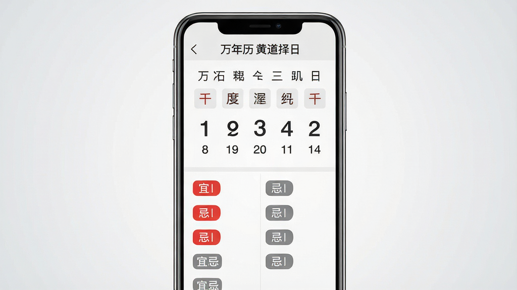 画面主体为手机界面特写,屏幕中央显示「万年历黄道择日」应用首页,上方为农历日期与干支,下方分两栏列出宜忌事项标签,布局为竖版手机屏幕居中,风格为清爽扁平化UI展示,细节包括红色宜字标签、灰色忌字标签、日期数字清晰,画质高清锐利,背景为浅灰渐变纯色,干净无多余元素