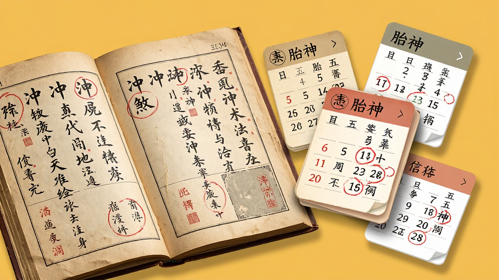 画面主体为展开的传统通书内页与悬浮的日历卡片组合,卡片上标注冲煞、胎神、五行等文字条目,布局为左侧通书右侧卡片错落排布,风格为复古纸质质感结合现代信息卡片,细节包括毛笔字迹、红色圈注、卡片阴影层次,画质高清细腻,背景为暖黄色纯色,干净无杂乱元素