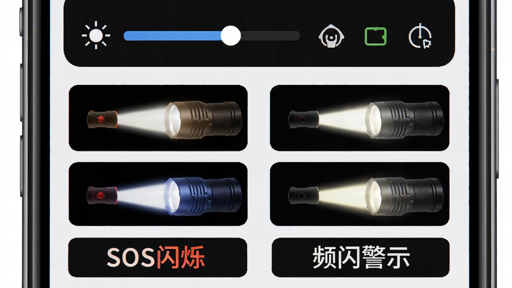 超亮王手电筒多模式切换界面预览图,手机屏幕上方显示亮度调节条与模式图标,下方展示SOS闪烁与频闪警示的文字标识,布局分列式排列,风格现代UI设计,细节包含不同模式下的光效示意,画质高清,画面干净无杂乱元素