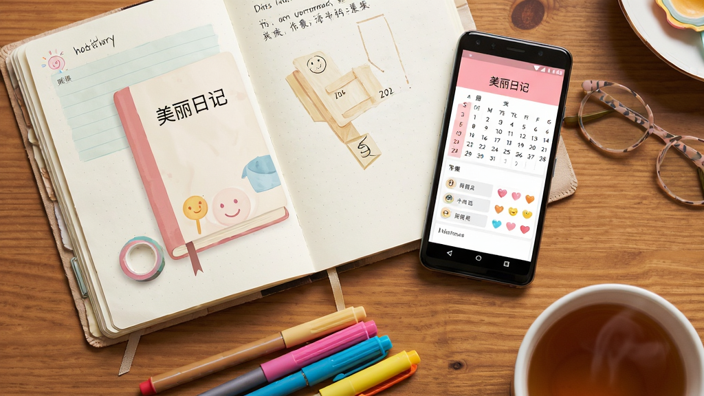 画面主体为一本摊开的浅色日记本与一部安卓手机并排放在木质桌面上,手机屏幕显示“美丽日记”应用主界面,布局为左上角日记本、右侧手机、下方散落几支彩色笔和一杯热茶,排版采用俯视平铺构图,风格为清新温暖的生活摄影风,细节包括日记本上的手写文字线条、手机界面中的日历与心情图标、桌面木纹质感,画质高清柔和、干净无多余元素