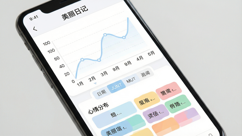 手机屏幕展示“美丽日记”的情绪趋势页面,布局为上方折线图、中部月份切换标签、下方心情分布色块,排版上下分层,风格为柔和浅色数据可视化,细节包括折线图使用淡蓝色线条、坐标轴文字清晰、色块旁标注心情名称,画质高清、干净无多余元素