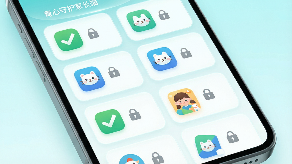 画面主体为悬浮的手机界面展示青心守护家长端的应用管理列表,每个应用图标旁配有绿色对勾与灰色锁形标识;布局采用网格化排列,界面元素整齐分层,背景为浅青色渐变;风格为简洁科技插画风,细节包含微光边框与扁平图标,画质高清干净,画面中文字为“青心守护家长端”,无多余装饰