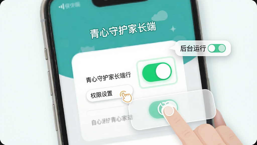 画面主体为一部手机屏幕展示青心守护家长端的权限设置引导页,页面中高亮标注后台运行与自启动开关位置;布局采用居中卡片式排版,开关元素以醒目绿色呈现;风格为扁平化操作指引插画,配色以青绿、白与浅灰为主,细节包含手指点击图标与圆角提示框,画质清晰干净,画面中文字为“青心守护家长端”,无多余元素