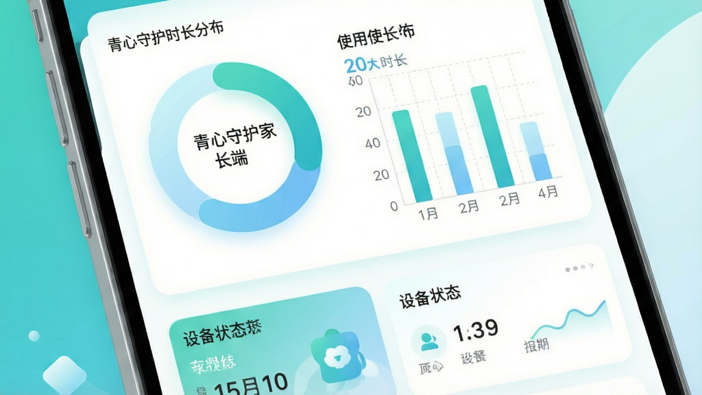 画面主体为手机屏幕内展示青心守护家长端的数据统计页面,环形图与柱状图组合呈现应用使用时长分布;布局采用上下结构,上方为统计图表,下方为设备状态卡片;风格为清新数据可视化插画,配色以青绿、浅蓝与白色为主,细节包含细线网格与柔和渐变,画质清晰干净,画面中文字为“青心守护家长端”,无多余元素