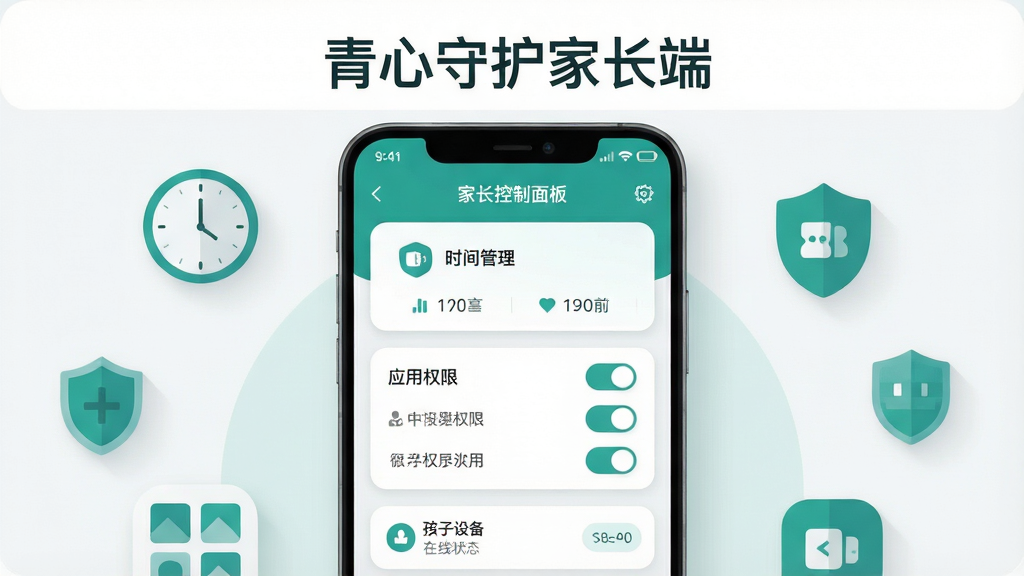 画面主体为一部竖屏安卓手机,屏幕中央展示青心守护家长端的家长控制面板界面,包含时间管理卡片、应用权限开关列表与孩子设备在线状态标识;手机周围以扁平化图标环绕呈现时钟、盾牌、应用网格等元素,布局采用中心对称构图,上方留白放置标题区域;整体风格为清爽现代的扁平插画风,配色以青绿色与浅灰白为主,细节处加入柔和阴影与圆角卡片,画质清晰干净,画面中文字为“青心守护家长端”,无多余装饰元素