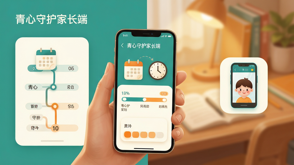 画面主体为一只成年人的手握着手机,屏幕上呈现青心守护家长端的时间规划界面,日历与时钟图标组合成可视化时间轴;背景为温馨的家庭书桌场景虚化处理,布局采用左文右图的分栏结构,左侧放置时间轴卡片,右侧展示孩子端设备图标;风格为温暖写实插画,配色以青绿、米白与暖橙点缀,细节包含柔光与圆角进度条,画质细腻干净,画面中文字为“青心守护家长端”,无杂乱元素