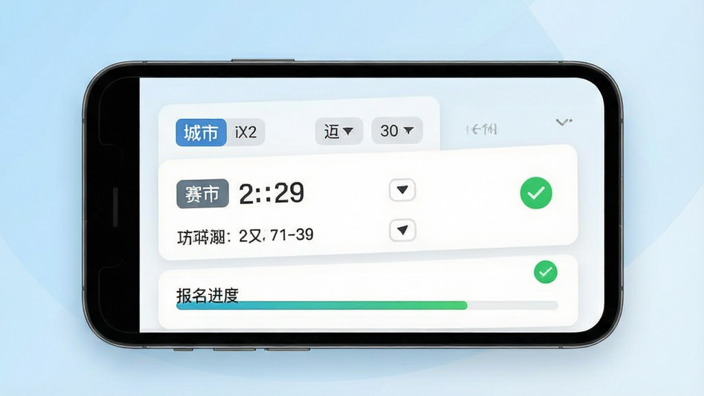 一张展示马拉松赛事报名管理界面的手机应用截图风格图片,画面主体为手机屏幕,屏幕内呈现赛事卡片列表、筛选标签与报名进度条,背景为浅蓝色渐变,布局采用上下结构,风格简洁商务,细节包含城市标签、日期徽章、绿色完成状态图标,画质清晰,干净,无多余元素