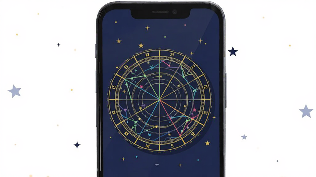 画面主体为一部竖向摆放的安卓手机,手机屏幕中央显示圆形星盘图,星盘内含黄道十二宫刻度与彩色连线,周围点缀几颗小星星;布局为手机居中、背景留白;排版简洁;风格为扁平化科技插画;细节为手机边框圆角、星盘线条清晰、配色以深蓝与金色为主;画质清晰、干净、无多余元素