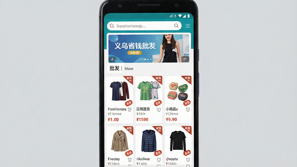 一张手机屏幕展示义乌省钱批发低价软件首页的图片,画面主体为居中放置的安卓手机,手机屏幕内呈现分类清晰的批发商品列表界面,包含服装、日用百货、小商品等类目卡片,布局采用上下结构,上方为搜索栏与轮播横幅,下方为网格状商品展示区,风格为清爽明亮的电商工具类界面风格,细节包含商品缩略图、价格标签、起批数量角标,画质清晰干净,背景为浅灰色纯色,无多余装饰元素