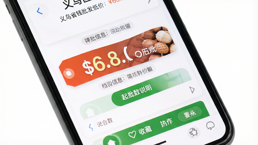 一张展示义乌省钱批发低价软件商品详情页的图片,画面主体为手机屏幕特写,屏幕内呈现商品价格区间标签、起批数量说明和收藏按钮,布局为上下滚动式详情结构,风格为简洁实用的工具类界面,细节包含价格数字突出显示、档口信息小字标注、底部操作栏,画质清晰,背景为纯白色,画面干净无杂乱元素
