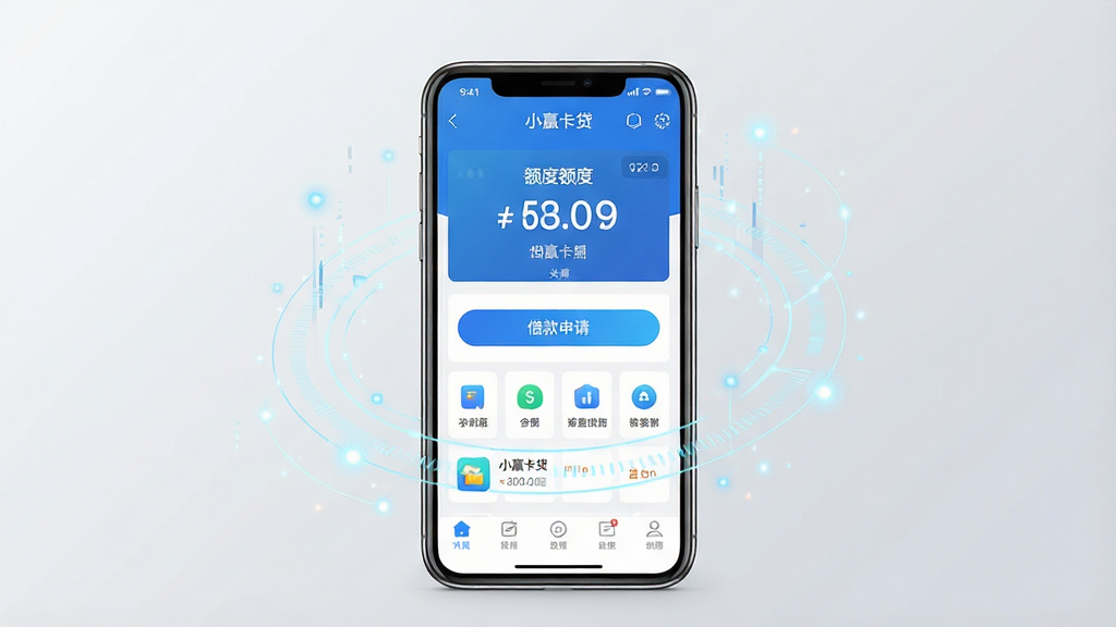 一张展示小赢卡贷手机应用界面的场景图,画面中央是一部竖屏智能手机,屏幕内呈现小赢卡贷APP首页布局,包含额度展示区、借款申请按钮与功能图标,手机周围环绕浅蓝色金融科技风格的几何线条与数据光点,背景为干净的浅灰渐变,整体排版居中对称,风格现代简约商务,细节上突出手机屏幕的高清质感与图标清晰度,画质清晰锐利,画面干净无多余元素