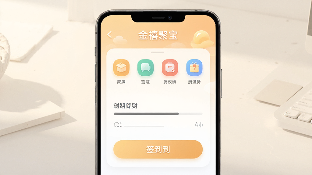 主体为一部竖屏安卓手机,手机屏幕显示简洁的签到任务列表界面,顶部有“金禧聚宝”字样,布局为居中构图手机占据画面主要位置,背景为浅色渐变桌面与柔和光影,排版突出手机屏幕内容,风格为现代扁平化UI展示风格,细节包括圆角图标、进度条与签到按钮,画质高清干净无多余元素