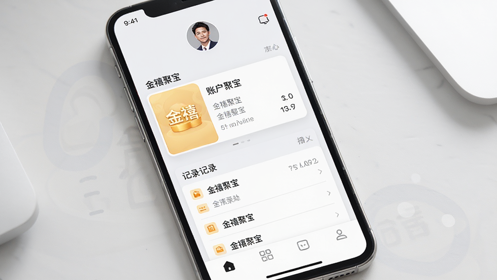 主体为手机个人中心界面,屏幕显示“金禧聚宝”账户信息卡片与记录列表,布局为顶部头像区域中部信息卡片底部导航栏,排版整齐纵向排列,风格为简约商务浅灰质感,细节包括分区标题、列表分隔线与图标,画质高清干净无多余装饰